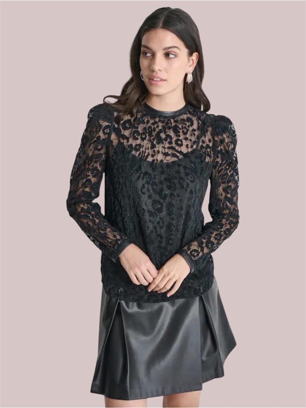 DKNY NWT Black Mesh Lace Leopard Devore Top Faux Leather Trim Cami 2pc Set Sz S